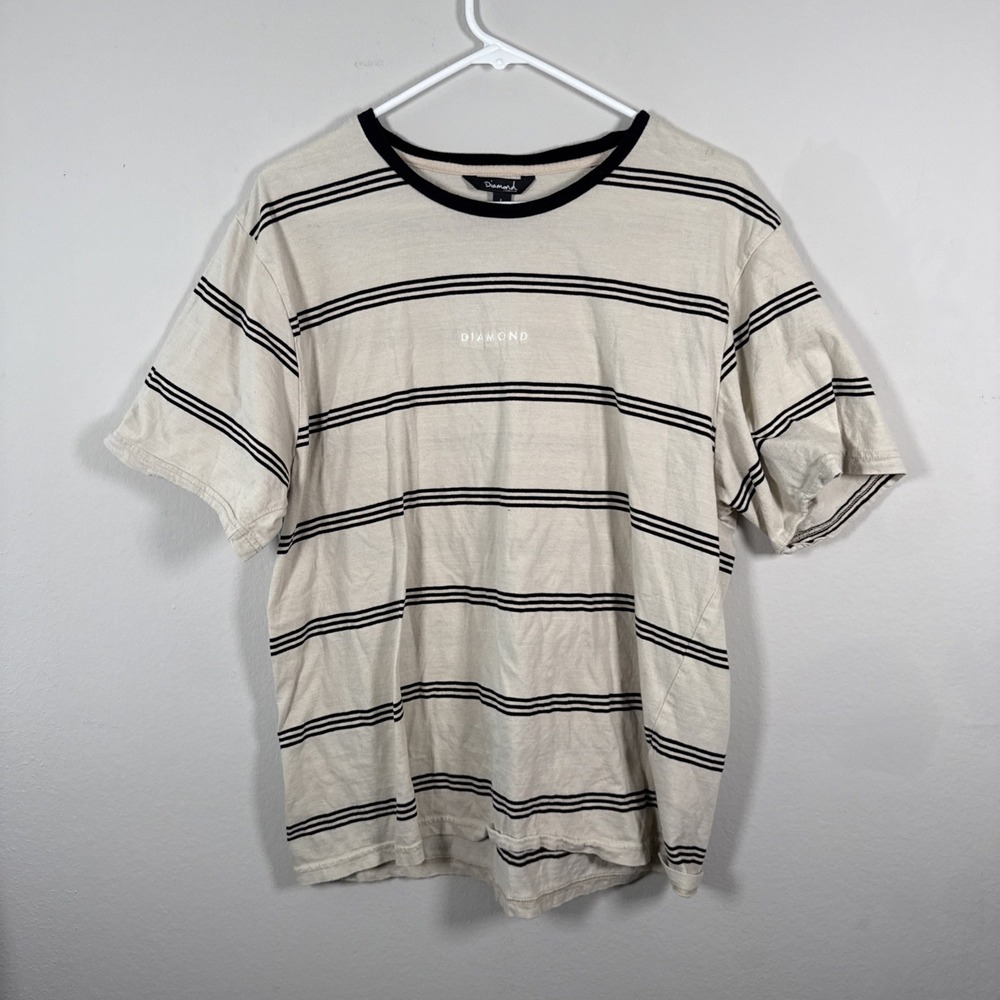 Diamond Supply Co Shirt Mens Large Cream Stripe Embroidered Logo Cotton